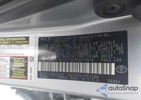 2022 Toyota Camry Se из США, поврежденный, VIN 4T1G11AK9NU678078